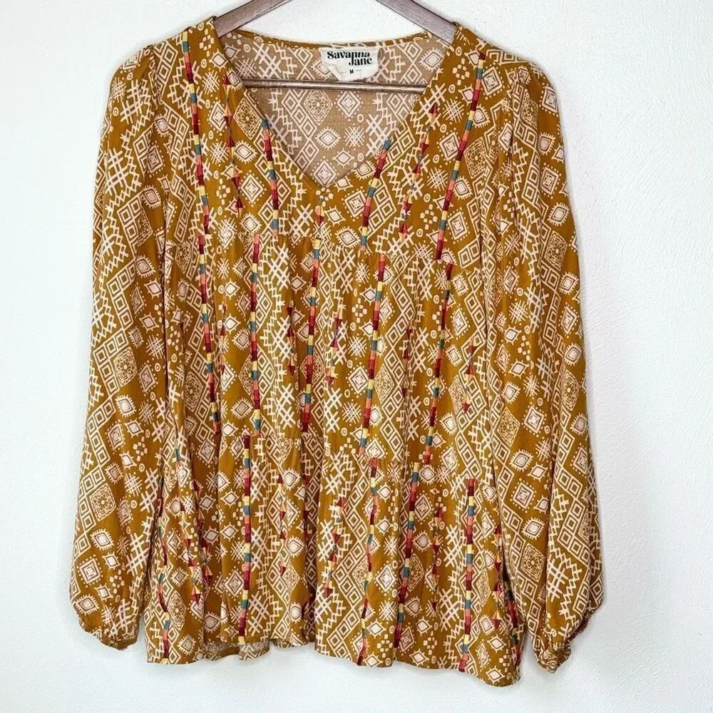 Savanna Jane Long Sleeve Top V Neck Pullover Embroidered BOHO Peplum Blouse - Wo